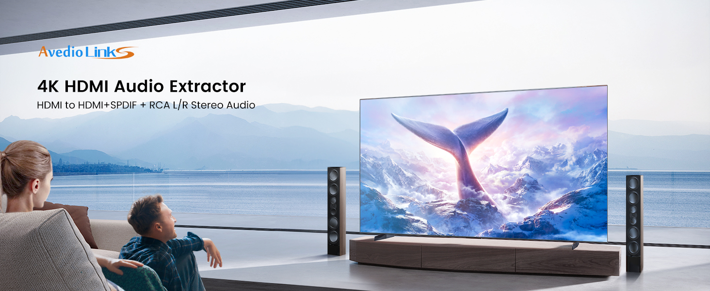 4K HDMI Audio Extractor device showcased with a TV displaying a whale tail, soundbar, and viewers. Device extracts audio from HDMI signal for enhanced home theater experience.