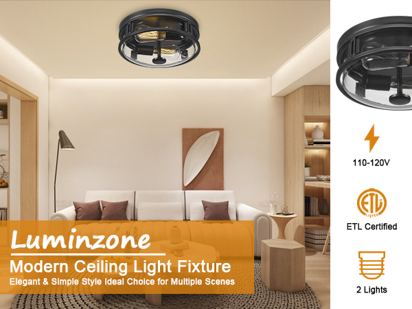 Flush Mount Ceiling Light with Clear Glass Shade, 2-Light