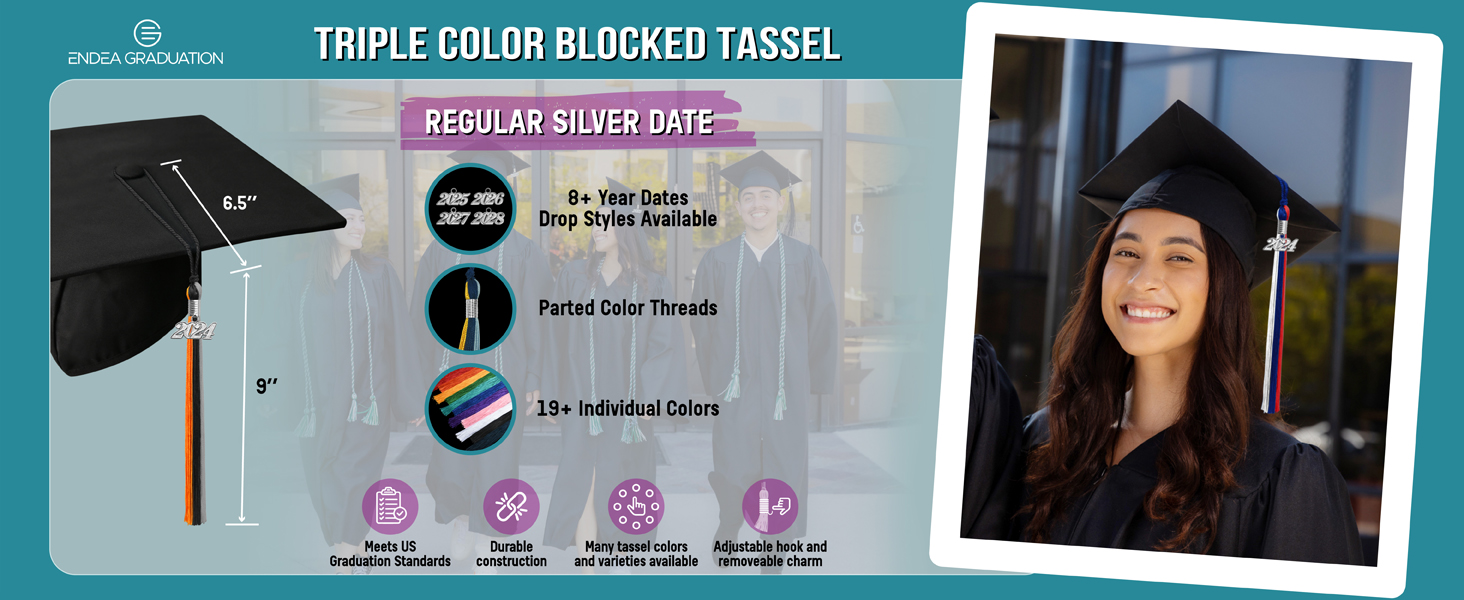 Endea Graduation Triple Color Tassel with Silver Date Drop