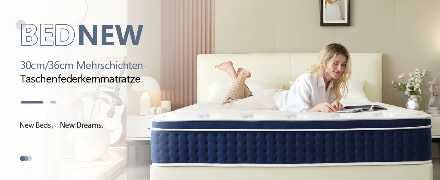 Der Text lautet „B & D NEW“. Werbung, die eine Matratze im Schlafzimmer zeigt.