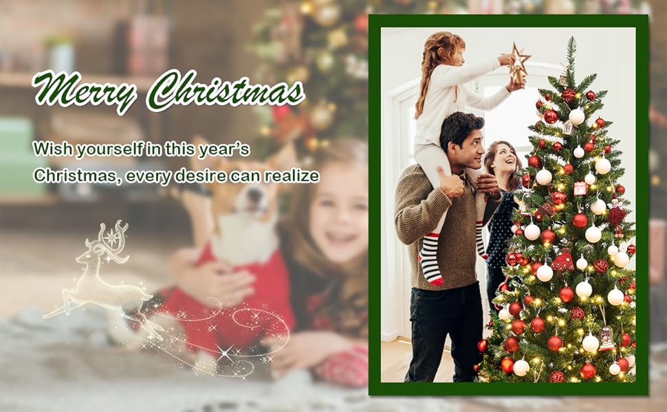 Christmas-themed image with decorated tree, presents, and festive text. Blurred background with holiday lights and decorations.
