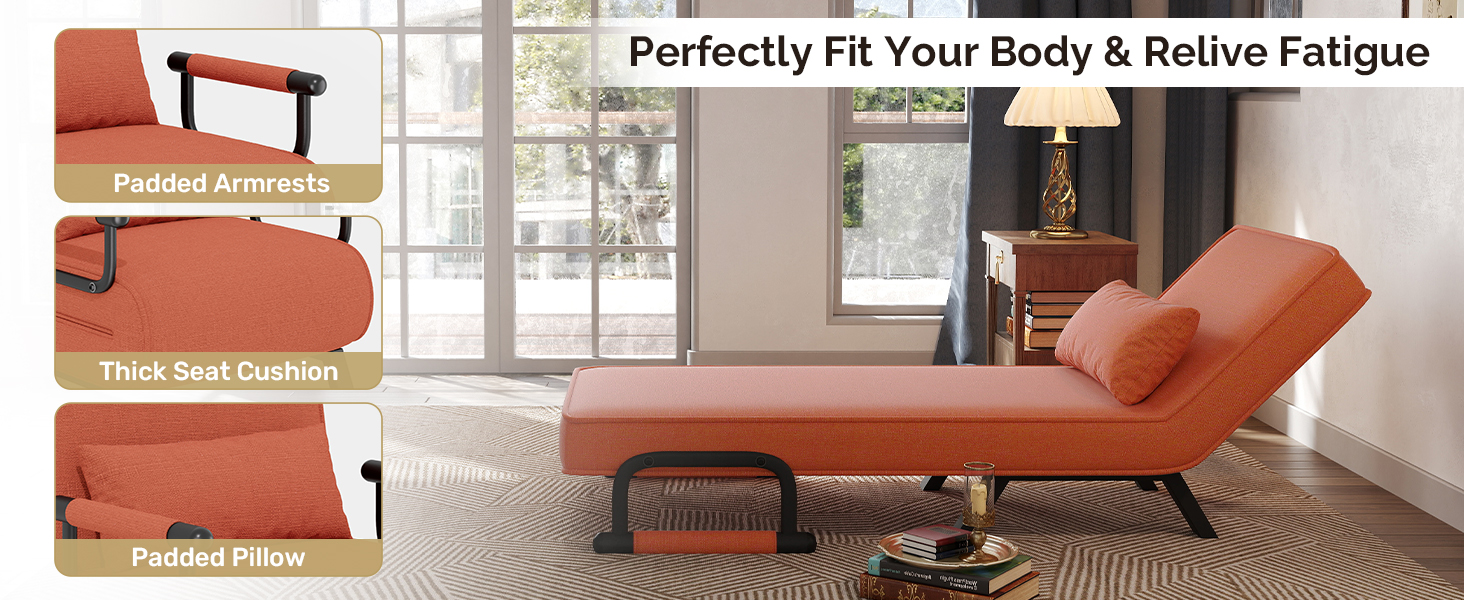 Text reads: 'Perfectly Fit Your Body & Relive Fatigue'. Orange adjustable lounge chair shown in home setting with window and side table.