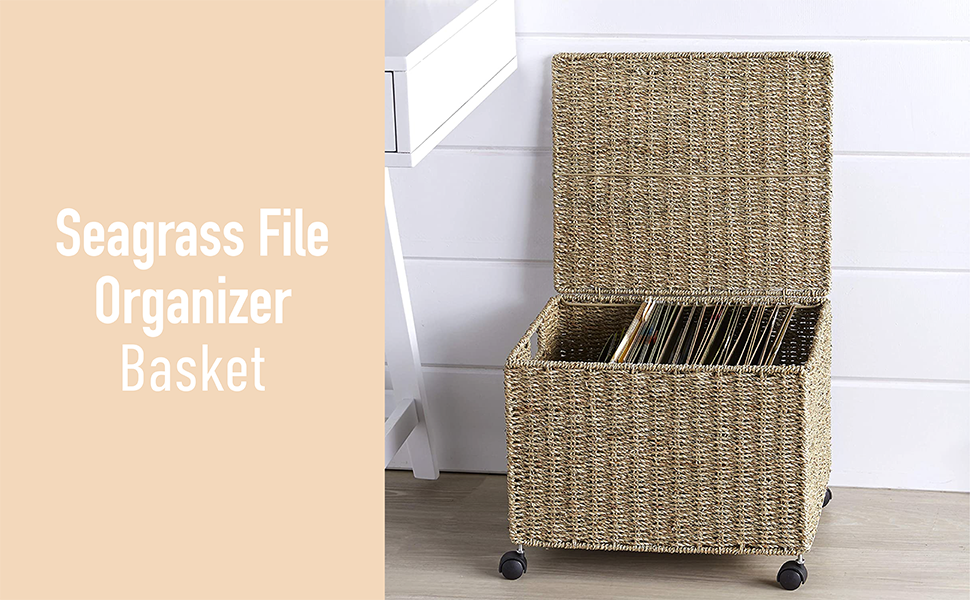 Seagrass File Organizer Basket with Rolling Caster Wheels