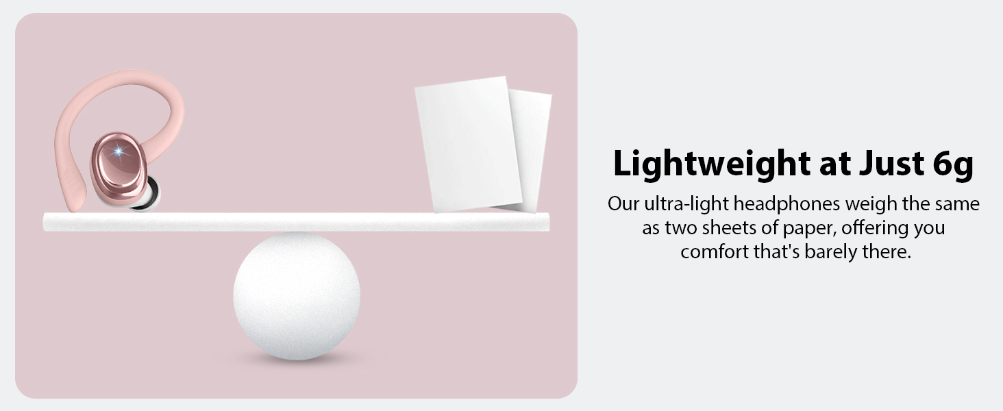 Ultra-light wireless earbud next to two sheets of paper on a pink surface. White spherical charging case below. Text highlights 6g weight, comparing to paper sheets for comfort reference.
