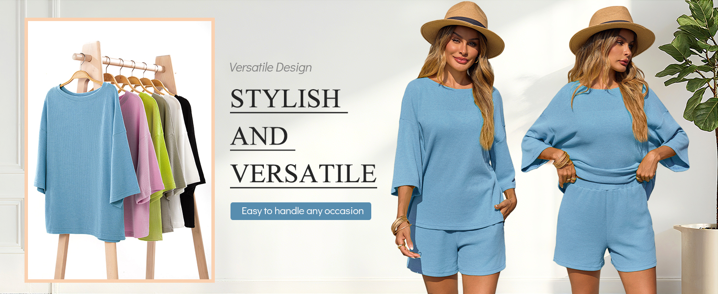 Womens Lounge Set 2 Piece Outfits Crewneck 3/4 Sleeve Tops and Shorts Casual Pajamas Sets