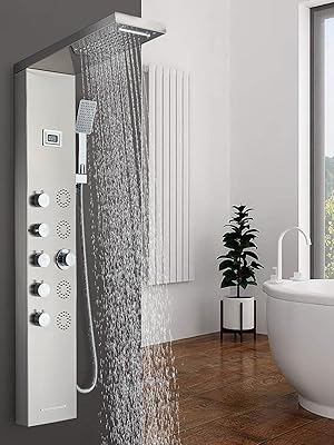 SUGUWORD Shower Panel Tower With 6 Functions Rainfall And Waterfall Shower Temperature Display Hand Shower Back Massage Jets And Bathtub Spout Wall Mounted Shower System Brushed Nickel 10 8017