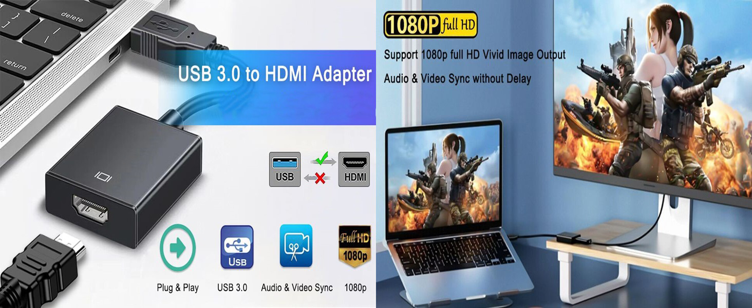USB to HDMI Adapter, USB HDMI Adapter Converter Support 1920x1080P