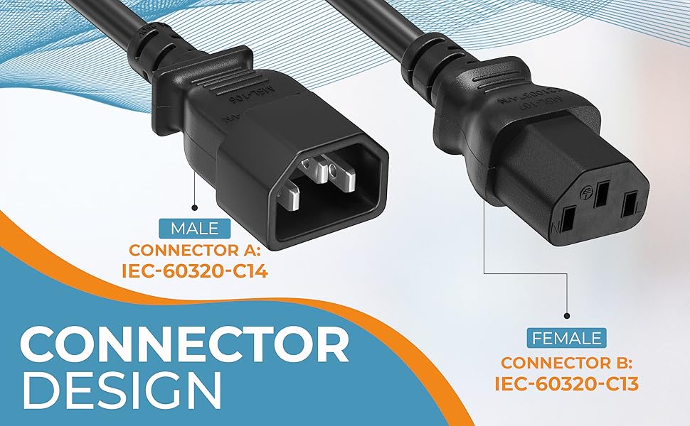 IEC-320 C13 to C14 Heavy-Duty Power Extension Cord 18 AWG 10A/250V SJT, Black