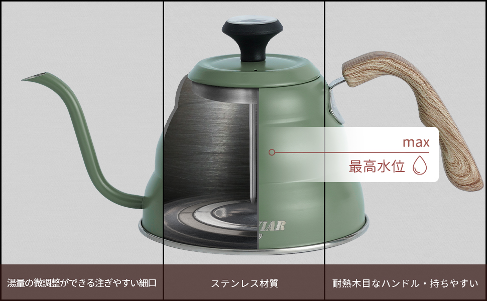 Amazon Poliviar ドリップポット 細口 ドリップケトル コーヒーポット コーヒーやかん 1l ステンレス製 温度計付き 木目ハンドル 珈琲 コーヒー 直火 ガス火 Ih部分対応 ホーム オフィス用 業務用 おしゃれ グリーン Ckn Jp ドリップポット オンライン通販