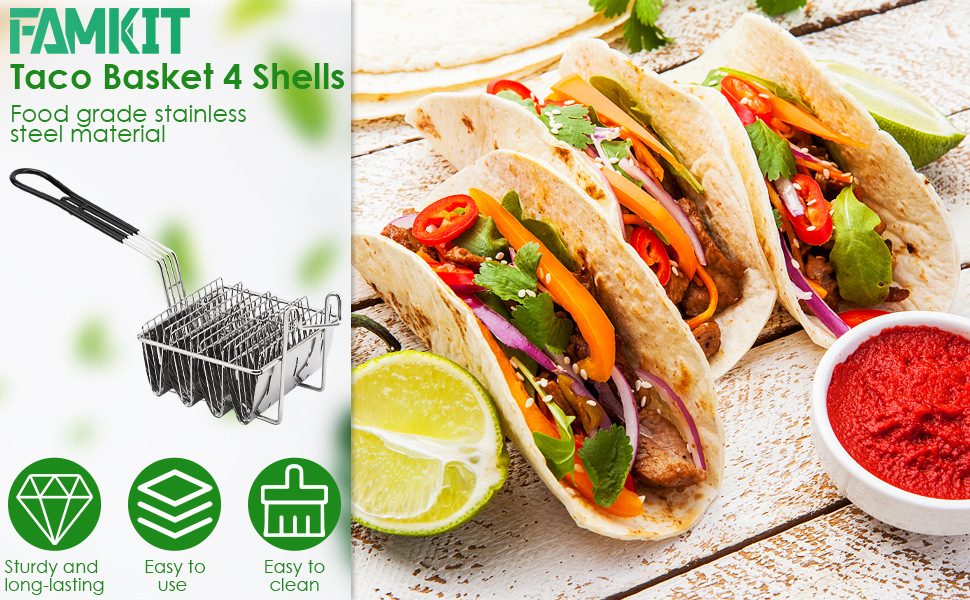 FAMKIT Taco Fryer Basket, Taco Shell Fryer, Holds 4 Shells