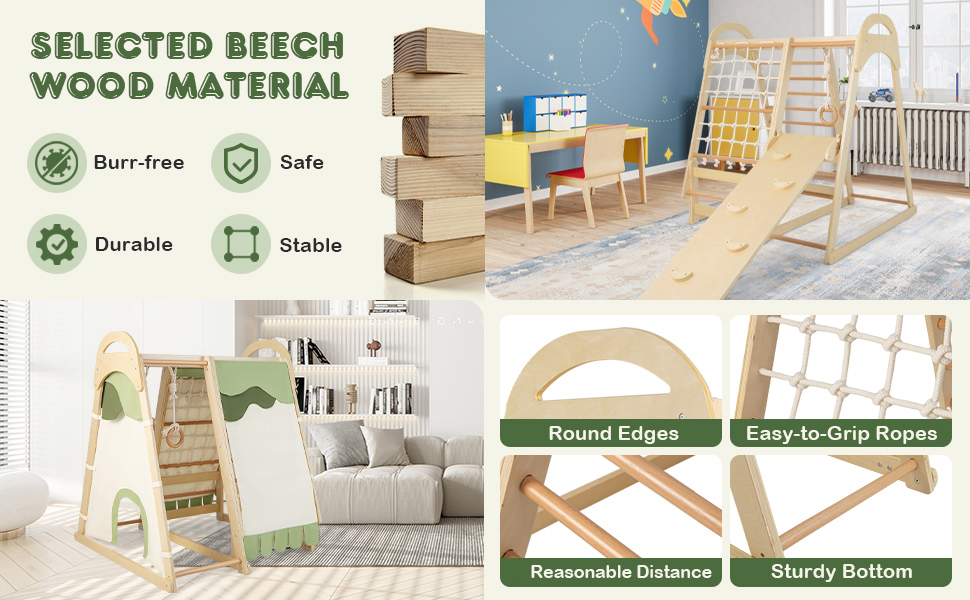 Text reads 'SELECTED BEECH WOOD MATERIAL' with icons showing 'Eco-free', 'Safe', 'Durable', 'Stable'. Product demonstration of wooden furniture or playground equipment components.