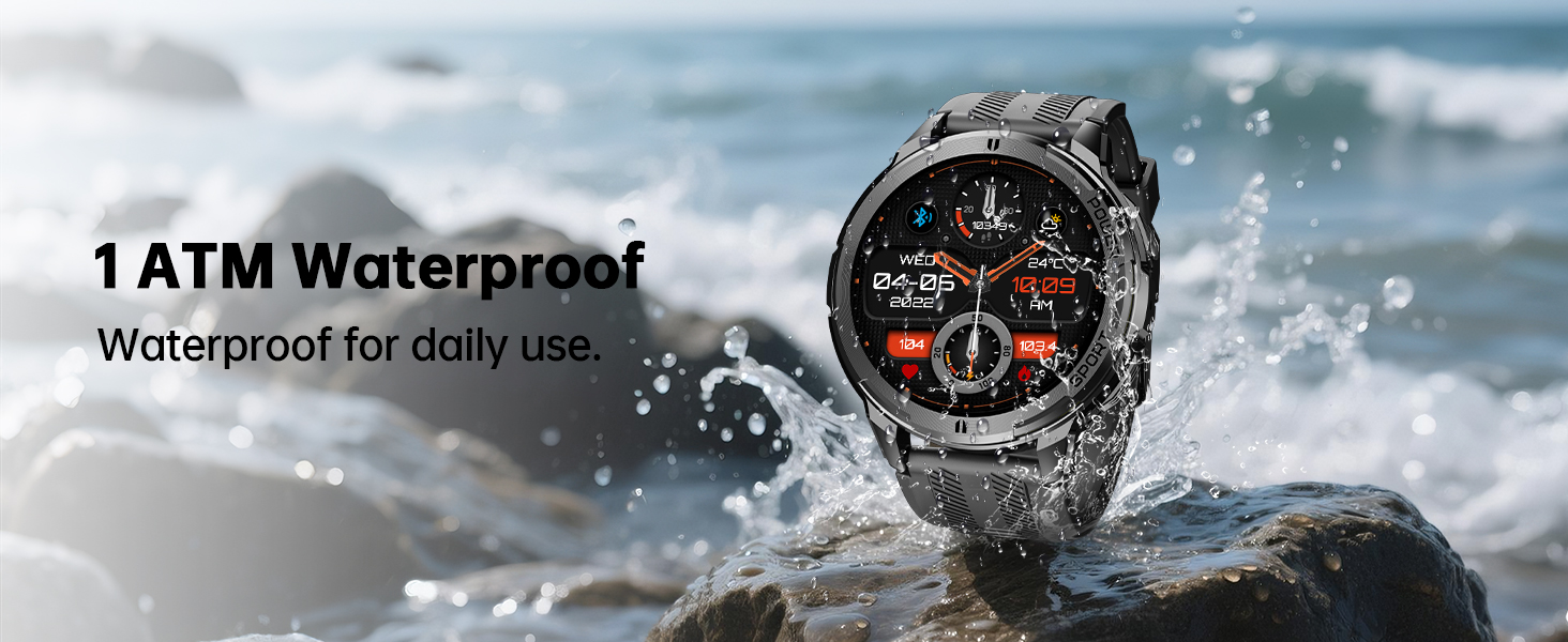 Text reads '1 ATM Waterproof' and 'Waterproof for daily use'. Sports watch with orange accents splashed with water against rocky background.