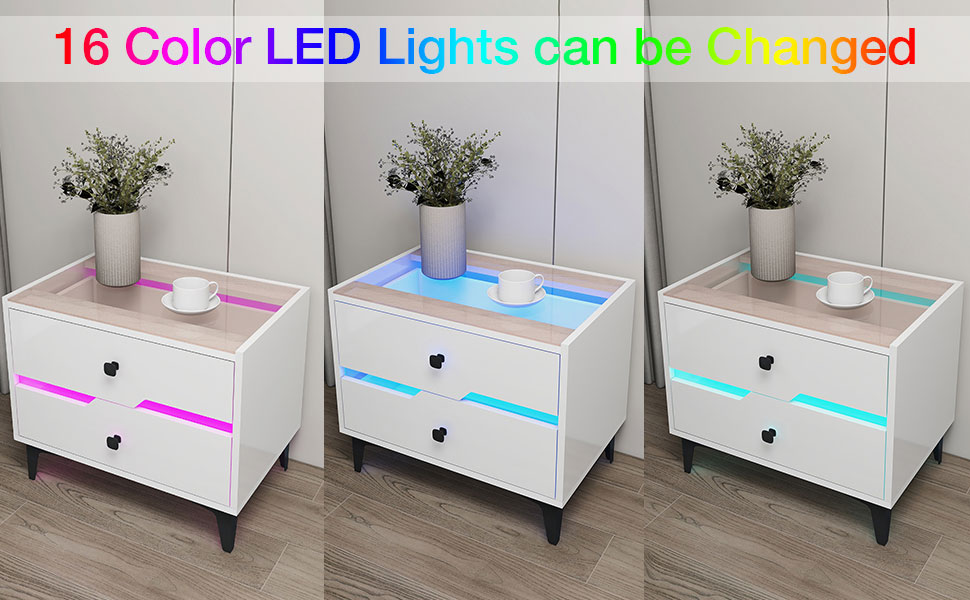 LED Nightstand Set of 2, White End Table with 16 Color LED