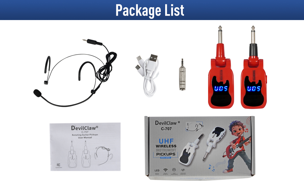 Wireless Guitar System with Microphone Headset, UHF Wireless Headset Mic Transmitter Receiver 2 in1