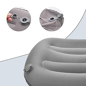 Objet gonflable gris avec surface nervurée et valve à air. Des vues rapprochées montrent la vanne ouverte et fermée. Finger montre le fonctionnement de la vanne sur un panneau.