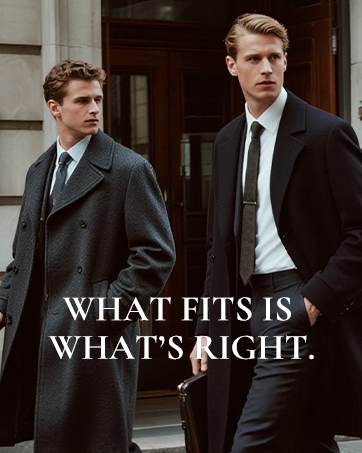 Text reads: 'WHAT FITS IS WHAT'S RIGHT.' Fashion advertisement showing formal business attire in dark tones against urban background.