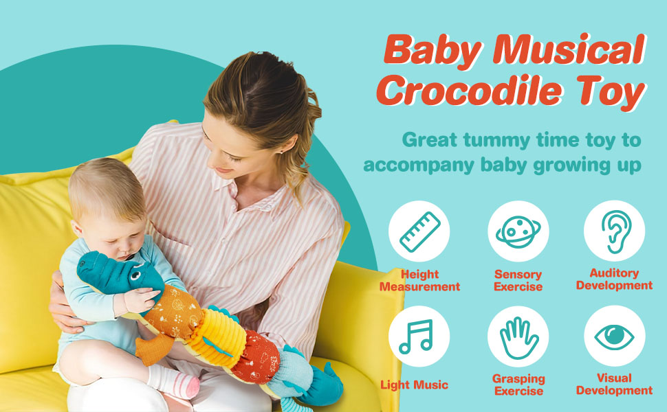 DMG Musical Crocodile Baby Toys, Activity Soft Toys with Multi-Sensory Crinkle, with Rattle, Ruler &Multi-Textures, Baby Teething Toys, Cute Stuffed Animal Tummy Time Toys for Newborn 0 3 6 12 Months 19 1