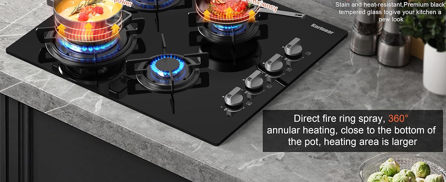 Karinear Gas Hob, 4 Burners Cas Hob with 13AMP Plug, Gas Hob 60cm Glass