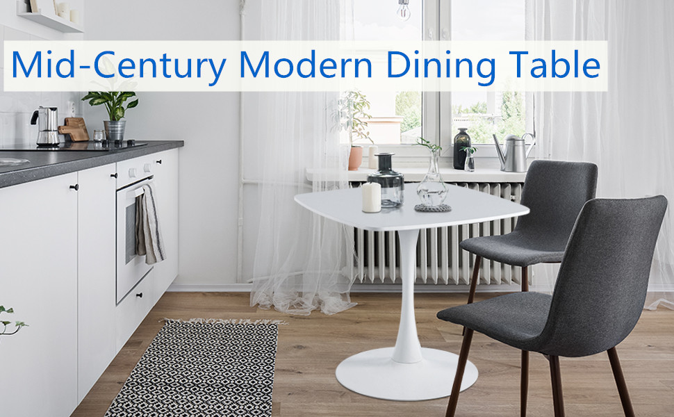 ATSNOW 31.5 in White Square Pedestal Tulip Table, Mid Century Modern