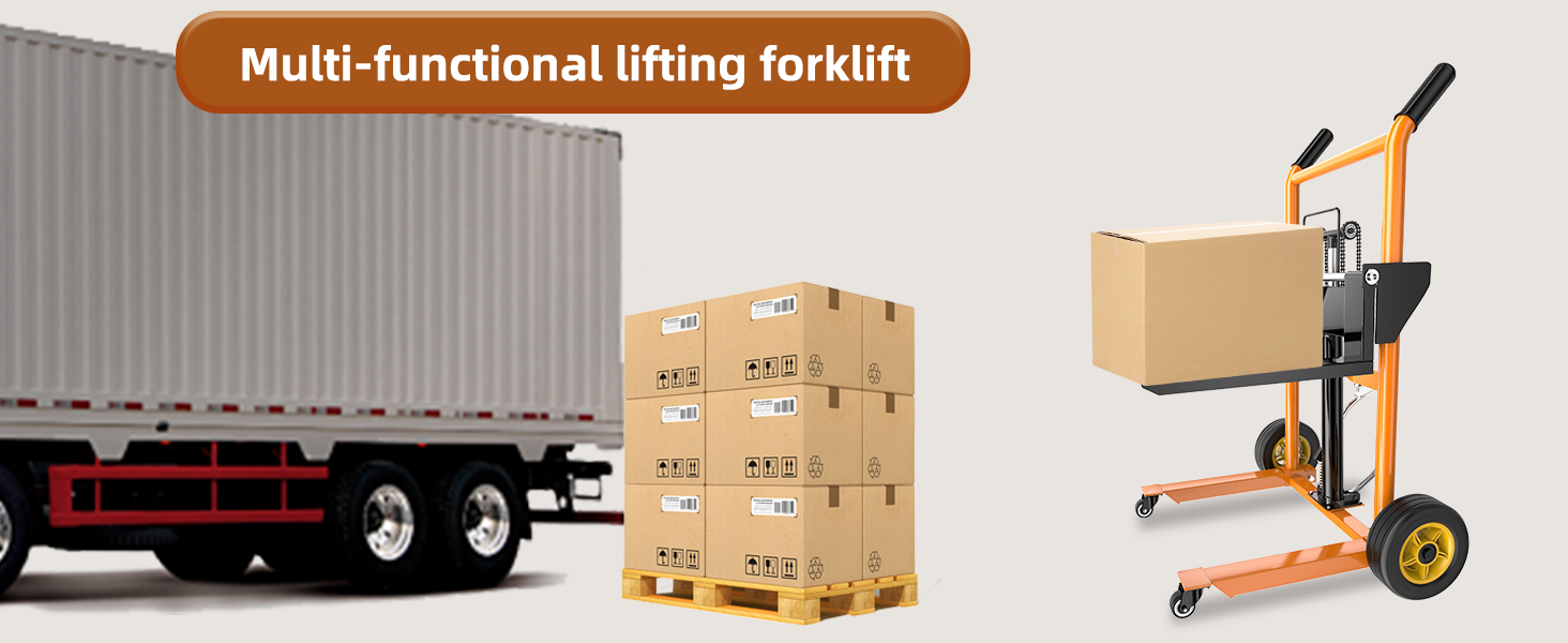 Text reads 'Multi-functional lifting forklift'. Product illustration showing orange hand truck or dolly in various positions handling boxes and cargo.