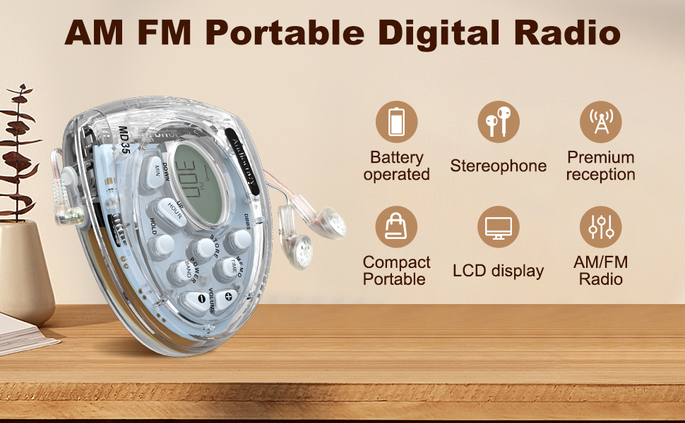 Audiocrazy AM FM Portable Digital Radio, Battery Operated
