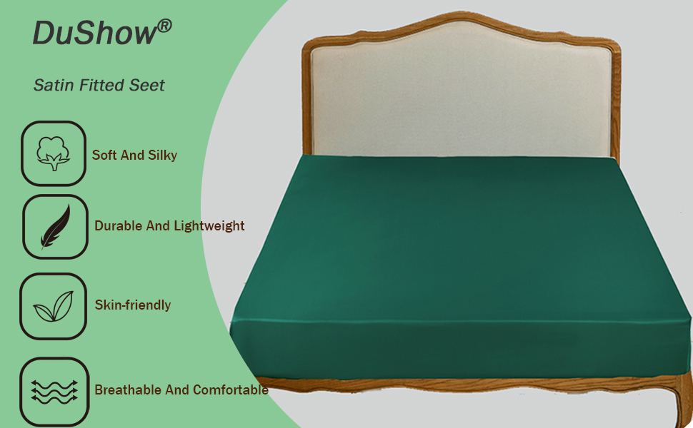 DuShow Satin Fitted Sheet Double Dark Green,Silky Deep Pocket(35cm) Satin Bed Sheets,Breathable