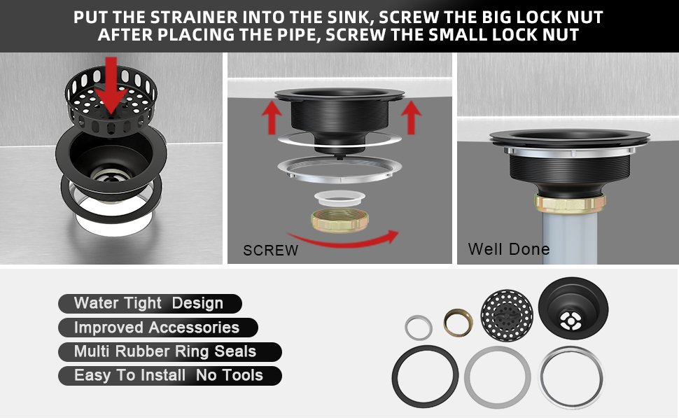 EXAKEY Black Sink Drain 31/2 Inch Kitchen Sink Drain Strainer Assembly Kit with Stainless Steel