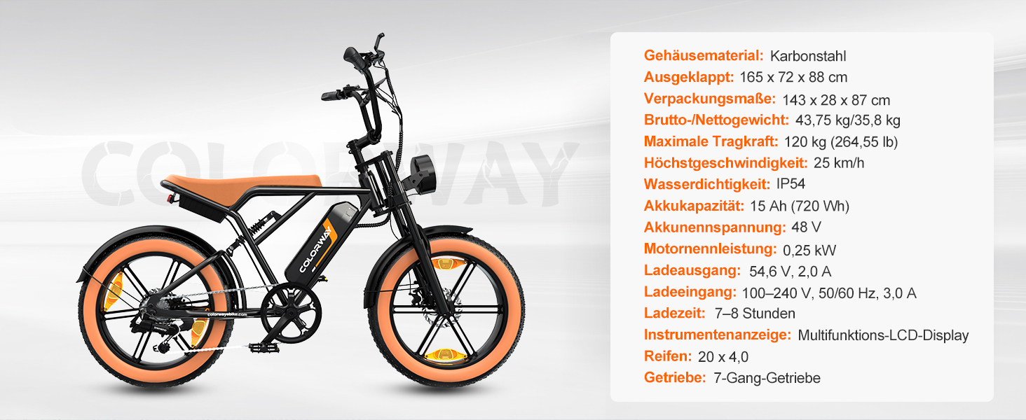 Elektrofahrrad mit schwarzem Rahmen und orangefarbenen Akzenten. Zur Ausstattung gehören 20-Zoll-Räder, ein LCD-Display, eine Höchstgeschwindigkeit von 25 km/h und eine maximale Tragfähigkeit von 100 kg. Die technischen Daten sind im deutschen Text aufgeführt