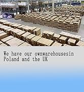 Large warehouse interior filled with stacked cardboard boxes on pallets. Text states: 'We have our own warehouses in Poland and the UK'.