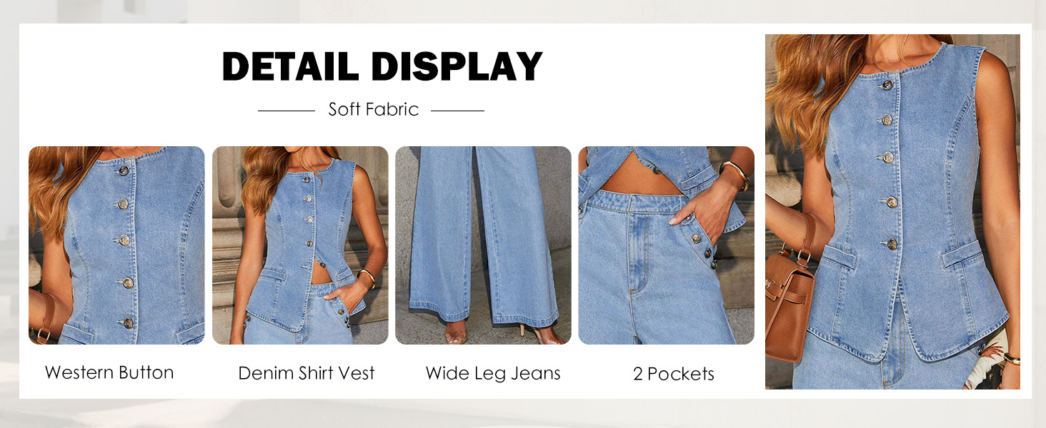 Women 2 Piece Denim Set Jean Vest Denim Y2k Wide Leg Jeans Outfits