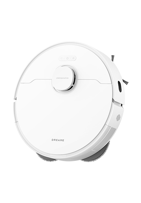 El robot aspirador circular blanco se muestra desde varios ángulos, mostrando su perfil delgado y sus características de diseño minimalista.