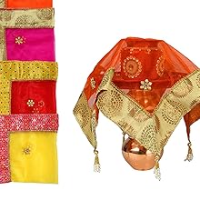 Text reads 'Chunari/Dupatta in 4 different colors'. Display of ornate scarves in gold, red, pink and yellow with metallic patterns and tasseled edges.