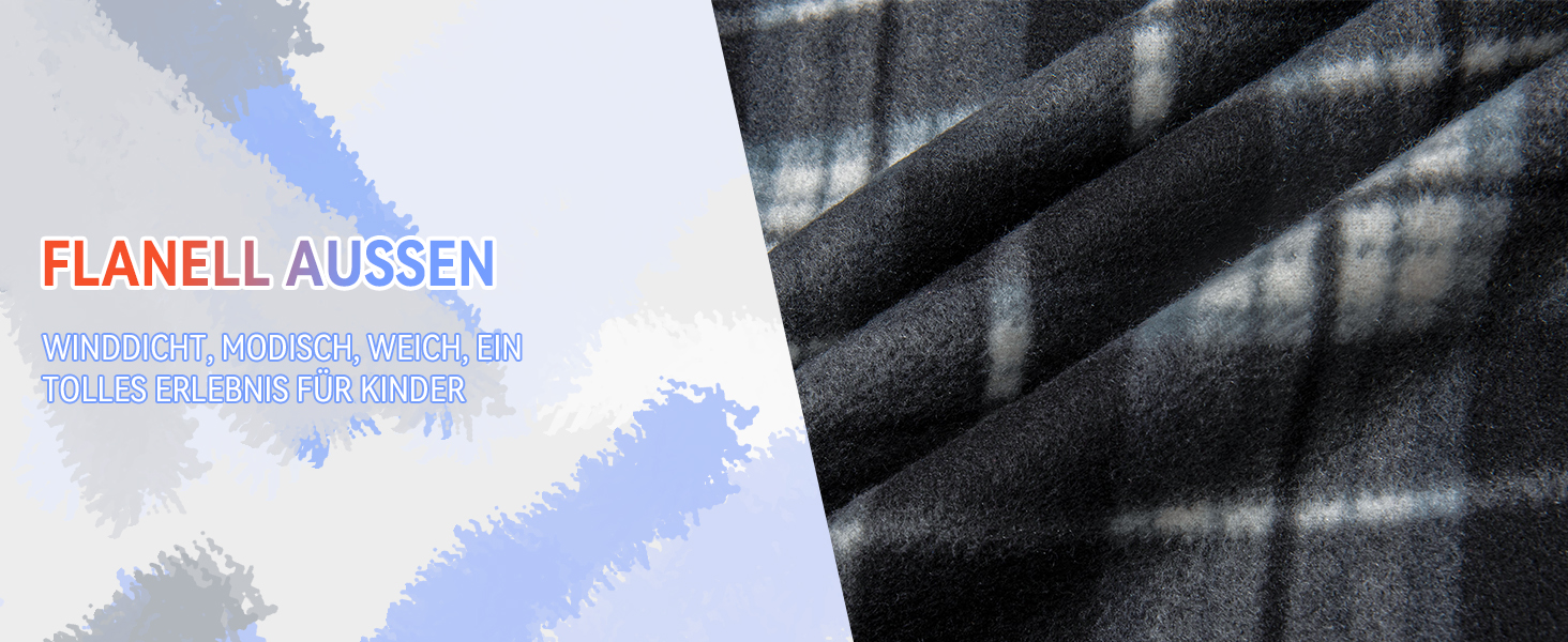 Nahaufnahme einer dunklen Flanelltextur mit „Flanell Aussen“ -Textüberlagerung, die ein detailliertes Webmuster zeigt