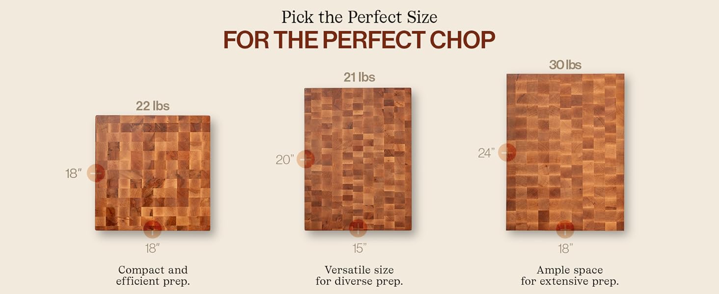 Text reads: Pick the perfect size for the perfect chop. Images of board variations.
