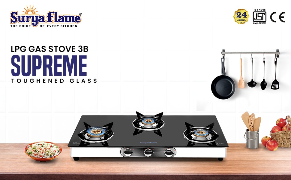 SuryaFlame Supreme Gas Stove 3 Burners Glass Top Stainless Steel Body
