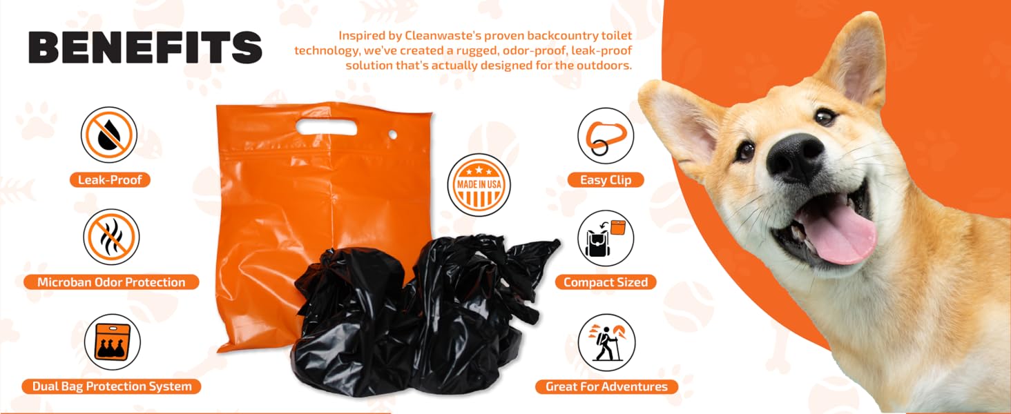 cleanwaste waggy baggy dog poop bag for walks, hikes, van life, adventure humans and animals