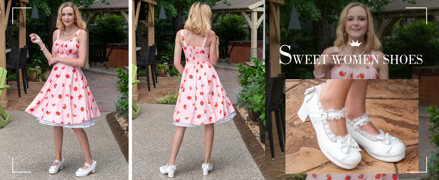 Women Kawaii Shoes Mid Block Heel Mary Jane Rockabilly Pumps with Bow