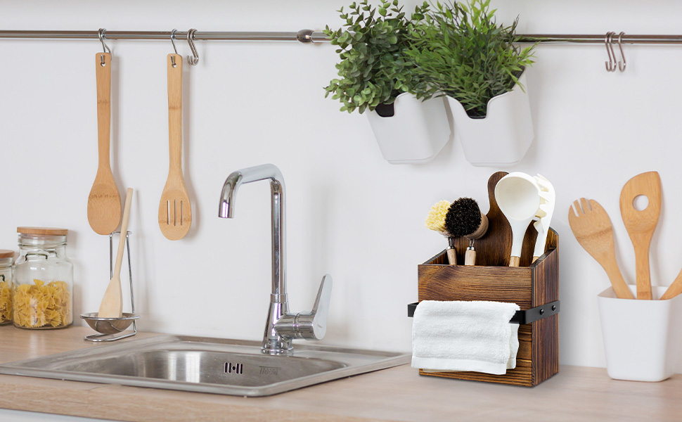 Rustic Wall Mounted Solid Wood Utensil Holder with Towel Bar near kitchen sink on counter