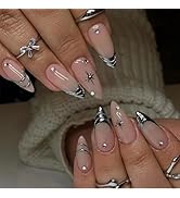 Silver Press on Nails Medium Almond Fake Nails Nude Glossy False Nails with Design Shiny Rhinesto...