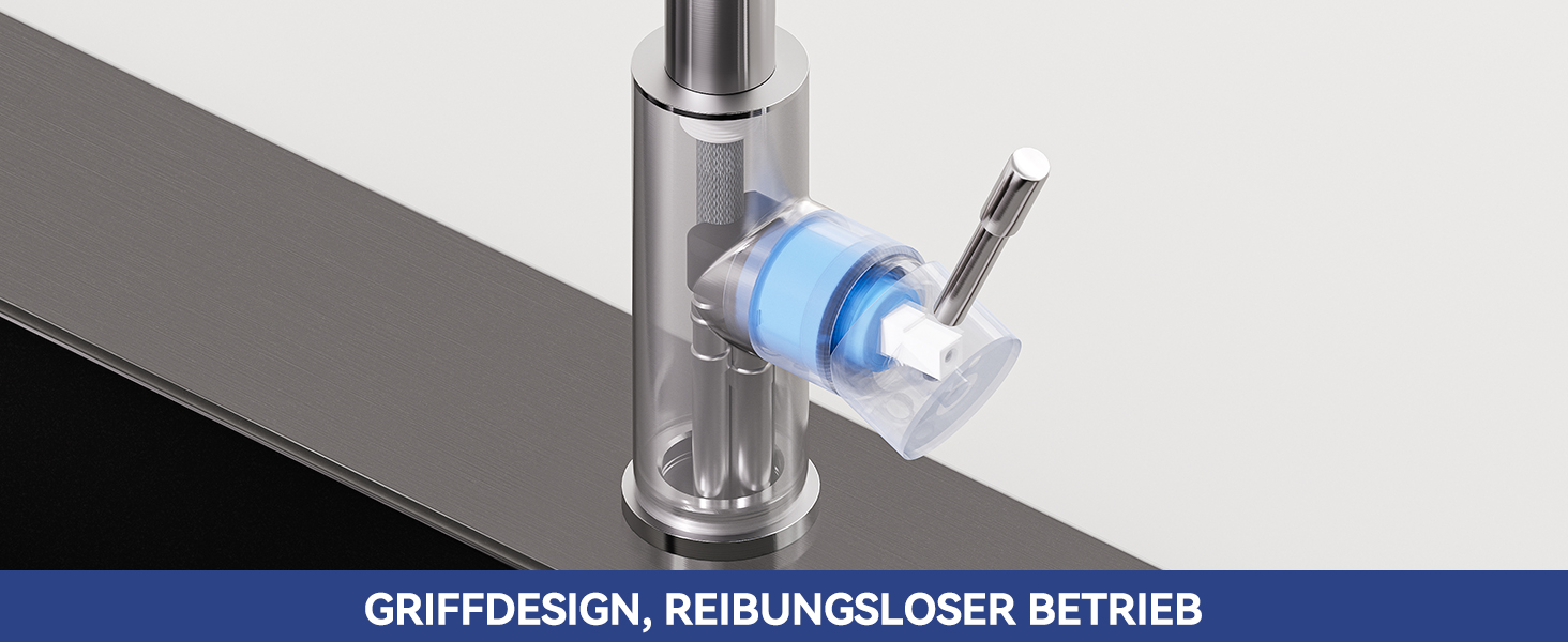 Armatur oder Armatur aus Chrom mit blauem, durchsichtigem Bauteil, beschriftet als „GRIFFDESIGN“ mit