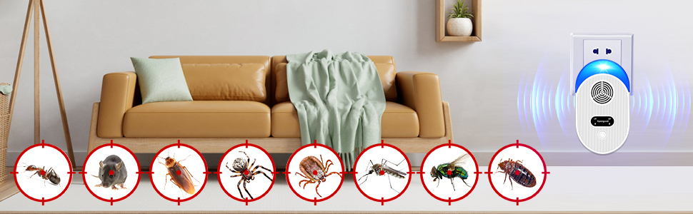 Pest control device display showing icons of eight different insects with a white electronic device mounted on wall emitting blue light.