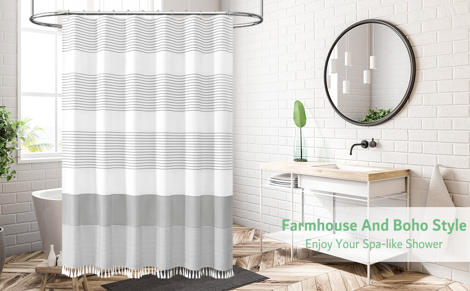 Dynamene Grey Fabric Shower Curtain, Farmhouse Boho Striped