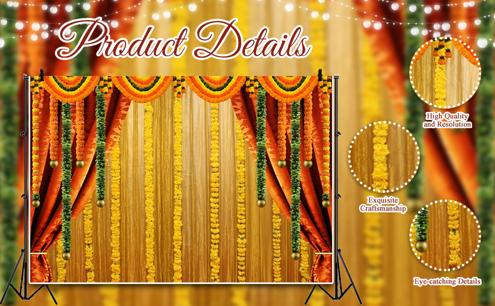 ZJRBJB 8x6ft India Pooja Traditional Backdrop Gold and