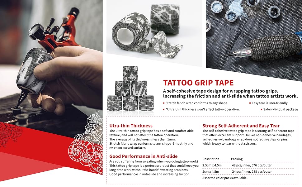 Tattoo Grip Tape Wrap Cover 24Pcs 2" x 5 Yards Cohesive