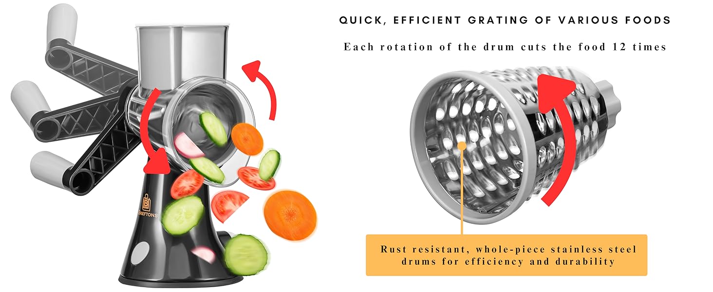 Brieftons 4-Blade Rotary Grater vegetable cutter slicer 12 rounds per rotation of handle