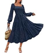 MEROKEETY Women's Fall Long Sleeve Floral Midi Dress Smocked Ruffle Tiered Square Neck Wedding Gu...