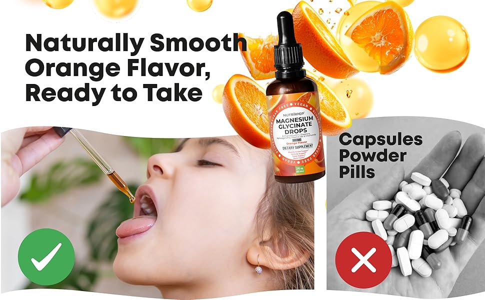 Magnesium glycinate drops liquid supplement for women adults pure orange flavor dropper
