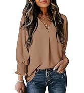 Dokotoo Women Blouses Dressy Casual V Neck 3/4 Length Sleeve Womens Tops with Smocked Cuffs