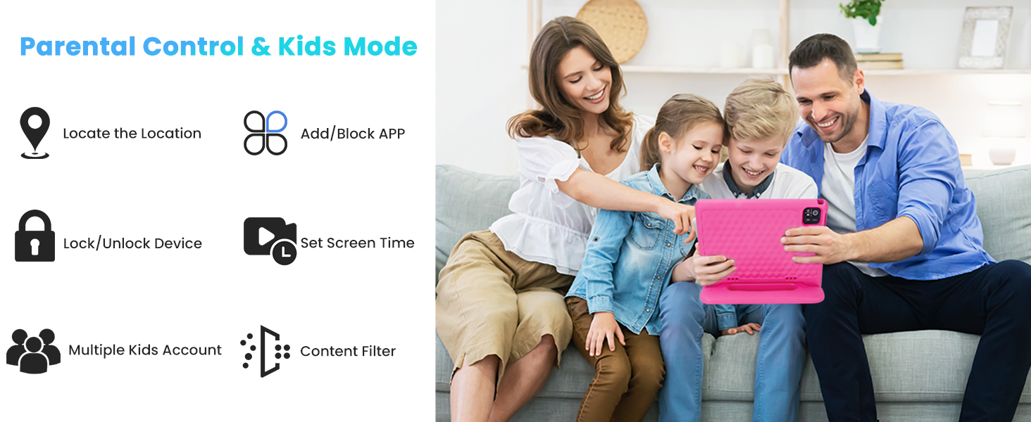 Kids Tablet 10.1 inch Android 14 Octa-Core 64GB 6000mAh Kids Space Parental Control Dual Camera