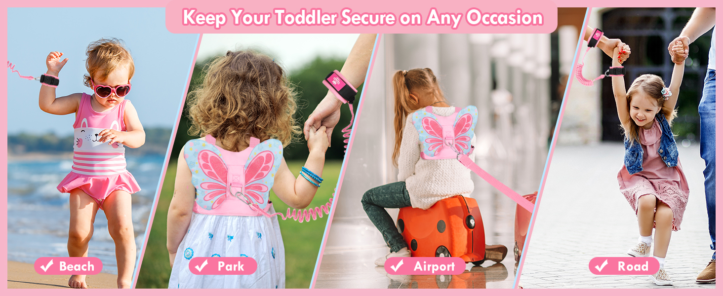 girl toddler leashes harness wrist link backpack, baby leash pink butterfly leash for kids